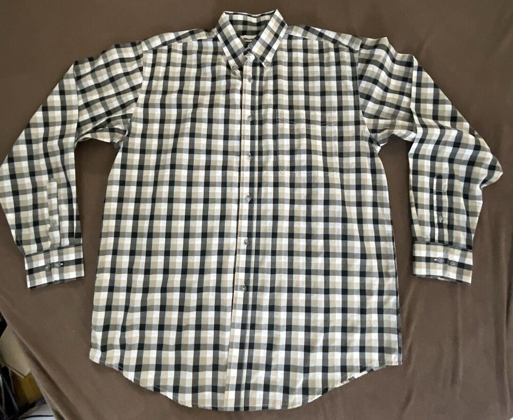 Wrangler Riata Men's L White Black Tan Blue Striped LS Western Preppy Shirt